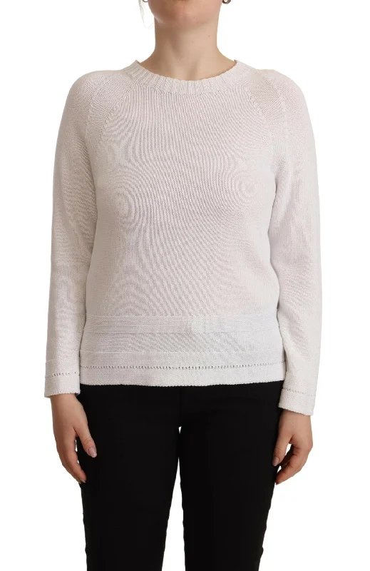 Elegant White Cotton Pullover Sweater Sabrina Neck Pullover