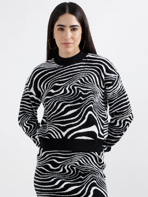 Elle Women Black Printed Round Neck Full Sleeves Pullover Style Sweater Surplice Neck Pullover Elle Women Black Printed Round Neck Full Sleeves Pullover Style Sweater Surplice Neck Pullover