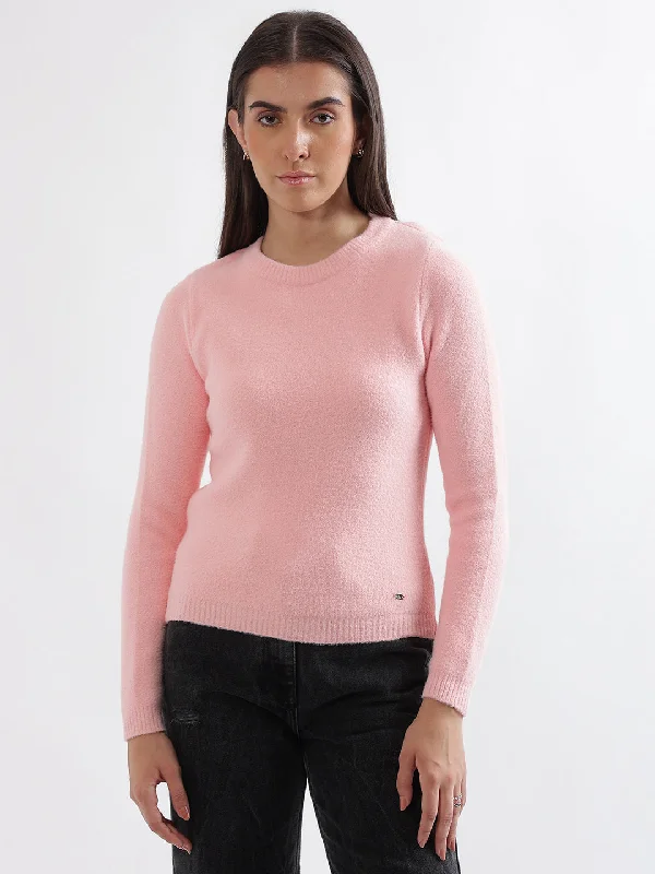 Elle Women Pink Solid Round Neck Full Sleeves Pullover Style Sweater Alpaca Blend Soft