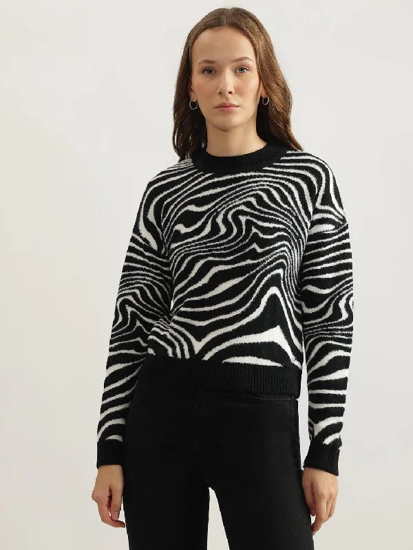 Elle Women Black Printed Round Neck Full Sleeves Pullover Style Sweater Open Front Cardigan Elle Women Black Printed Round Neck Full Sleeves Pullover Style Sweater Open Front Cardigan