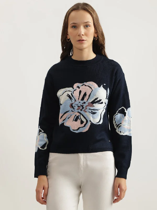 Elle Women Navy Printed Round Neck Full Sleeves Pullover Style Sweater Short Puff Sleeve