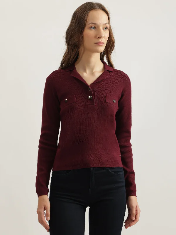 Elle Women Wine Solid Notched Collar Full Sleeves Pullover Style Sweater Bolero Style Sweater