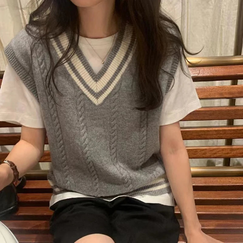EVNISI Women Patchwork V-neck Knit Sweater Vest Sleeveless Rib Preppy Style Pullover Casual Sweater Vest For Women 2023 Autumn Peter Pan Collar EVNISI Women Patchwork V-neck Knit Sweater Vest Sleeveless Rib Preppy Style Pullover Casual Sweater Vest For Women 2023 Autumn Peter Pan Collar