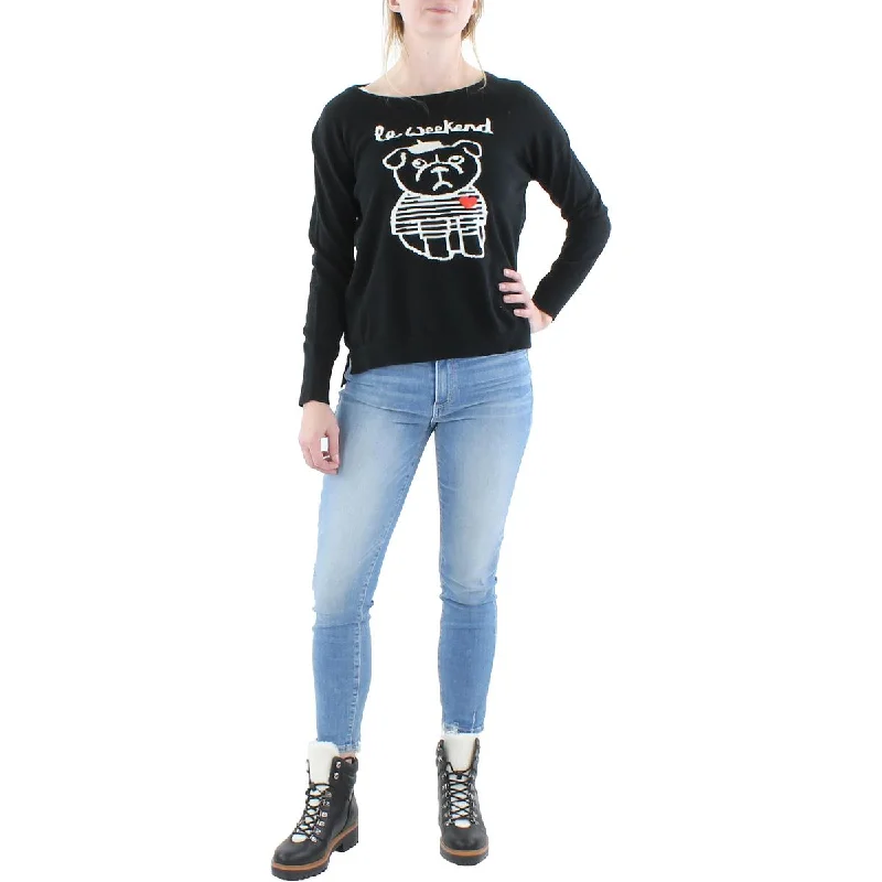 French Connection Womens Graphic Knit Pullover Sweater Gathered Sleeve Pullover