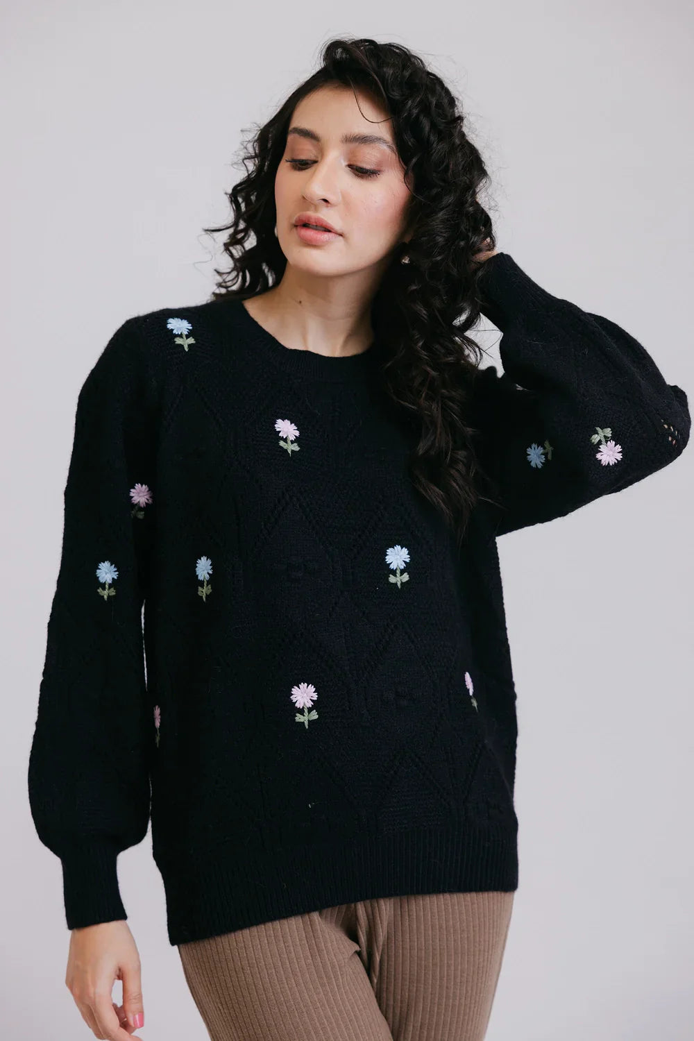 Full Sleeves Round Neck Pullover Sweater One Shoulder Top