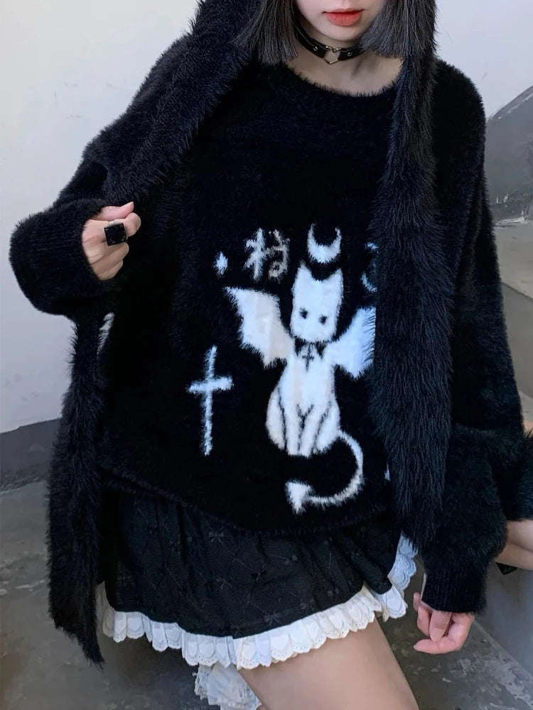 Women's Gothic Devil Jacquard Sweater - Furry Knit Pullover Solo Sleeve Pullover