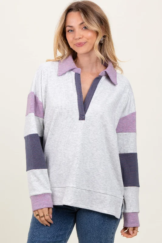 Heather Grey Colorblock Stripe Collared Pullover Elbow Length Sleeve
