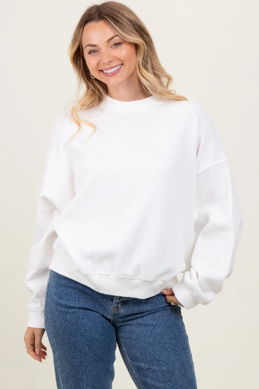 Ivory Waffle Knit Pullover Hooded Pullover Sweater