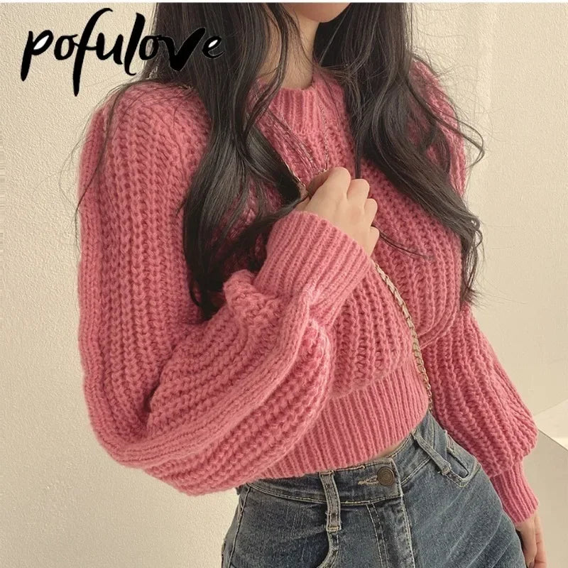 Knitted Sweater Pullovers New Design Cute Sweet Japan Girls Solid O Neck Short Crop Knit Tops 4 Colors 2023 Winter Autumn Slouchy Comfort Pullover Knitted Sweater Pullovers New Design Cute Sweet Japan Girls Solid O Neck Short Crop Knit Tops 4 Colors 2023 Winter Autumn Slouchy Comfort Pullover