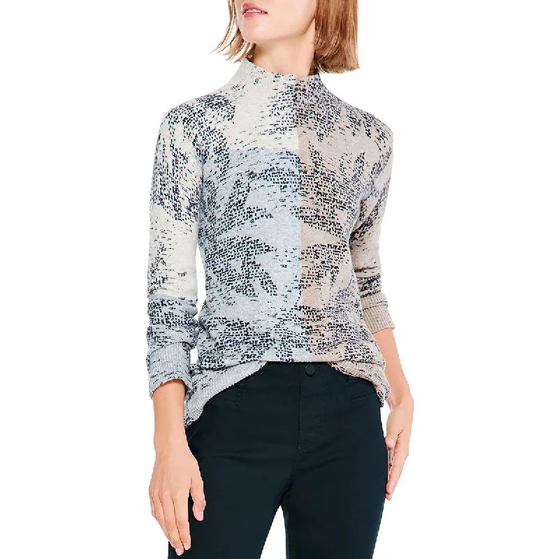 Nic + Zoe Womens Cozy Up Ribbed Knit Printed Pullover Sweater High Neck Pullover