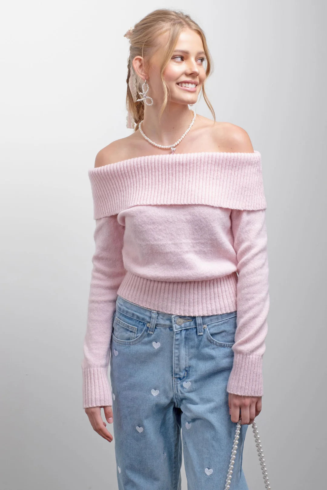 Off the Shoulder Knit Pullover Honey Neck Pullover