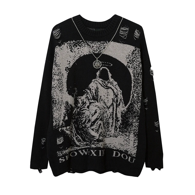 Oversized Priest Salvation Knitwear - Ripped Pullover Sweater Wide Sleeve Pullover