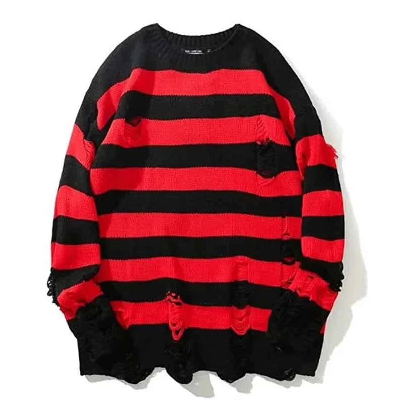 Striped Sweater - Oversized Knit Ripped Pullover Slit Sleeve Stylish