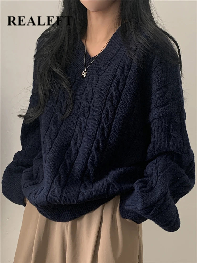 REALEFT Autumn Winter Oversize V-Neck Women's Sweater 2023 New Solid Casual Loose Long Sleeve Sweater Knitted Pullover Female Over Sleeve Pullover REALEFT Autumn Winter Oversize V-Neck Women's Sweater 2023 New Solid Casual Loose Long Sleeve Sweater Knitted Pullover Female Over Sleeve Pullover