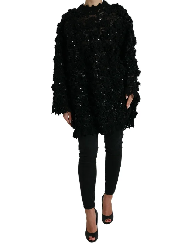 Sequin Embellished Black Pullover Box Sleeve Comfort