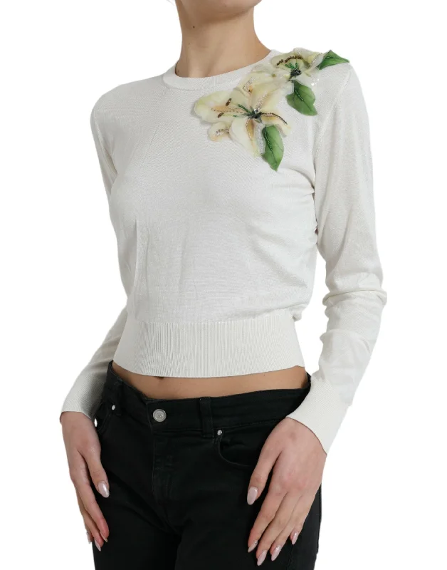 Silk Floral Applique Pullover Sweater Boyleg Sleeve Pullover
