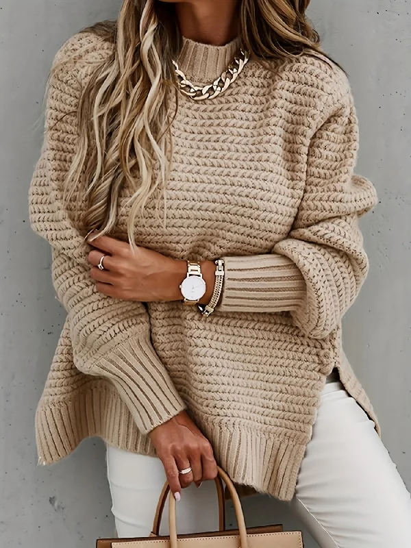 Sixsr Solid Mock Neck Chunky Knit Sweater, Casual Long Sleeve Split Pullover Sweater For Fall & Winter, Women's Clothing Alpaca Blend Soft