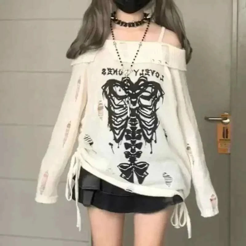 Skull Summer Knit Sweater for Women - Off The Shoulder Pullover Spaghetti Sleeve Top