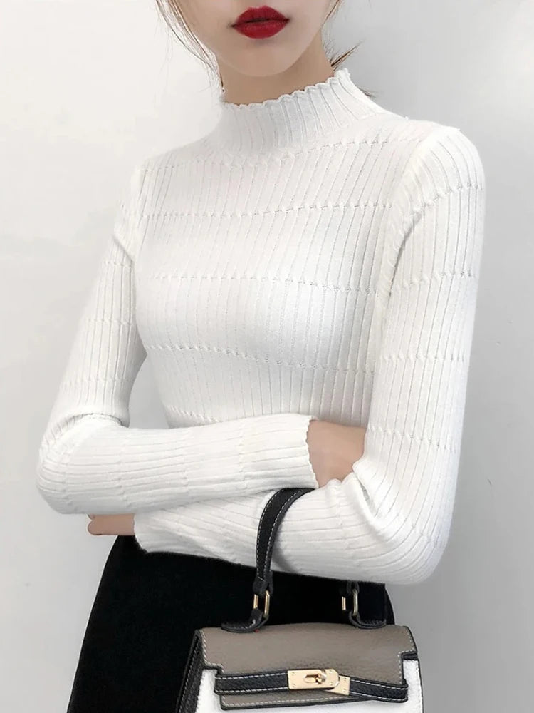 Turtleneck Knitted Sweater Female Simple Pullovers Ladies Top Fashion Women Sweaters Korean Jumper Stripe Solid Tops Slim Sleeve Pullover