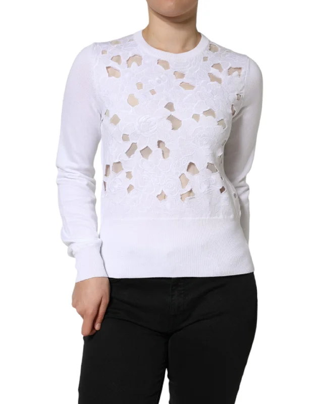 White Lace Cut Out Long Sleeves Pullover Sweater Fleece Warm Pullover