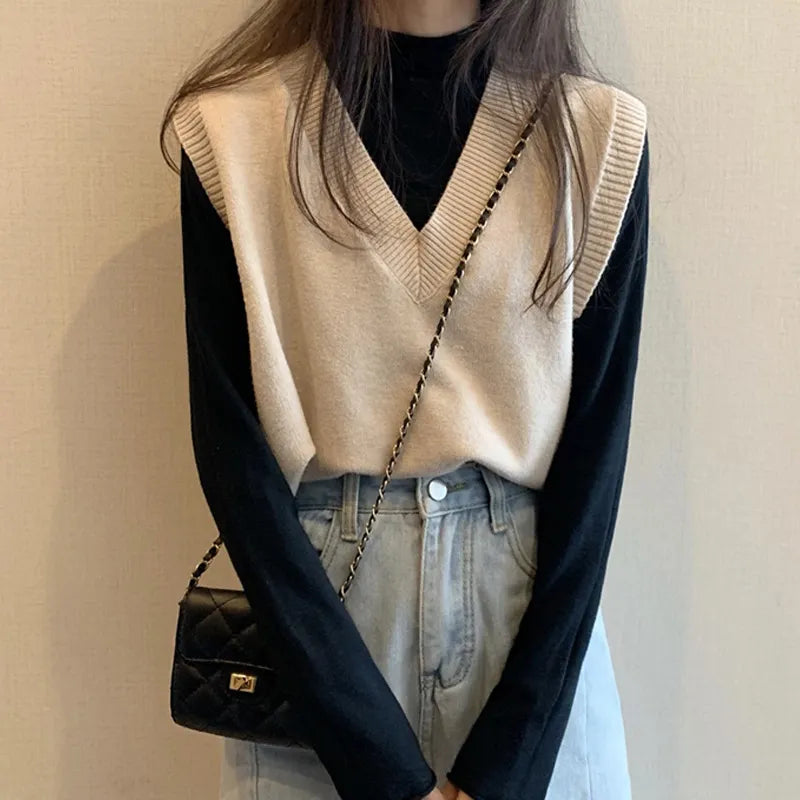 Women Knitted Sweater Vest 2022 Spring Autumn Short Loose Vintage Sweater Sleeveless Girls V-Neck Pullover Tops Female Outerwear Cowl Neck Pullover Women Knitted Sweater Vest 2022 Spring Autumn Short Loose Vintage Sweater Sleeveless Girls V-Neck Pullover Tops Female Outerwear Cowl Neck Pullover