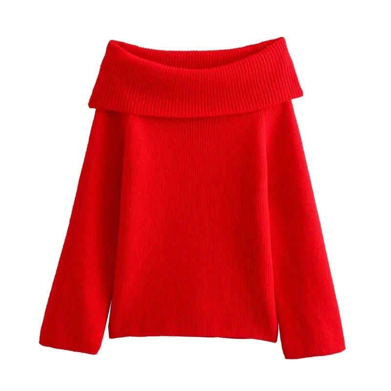 Women Solid Off Shoulder Sweater - Knitted Pullover Three Quarter Sleeve