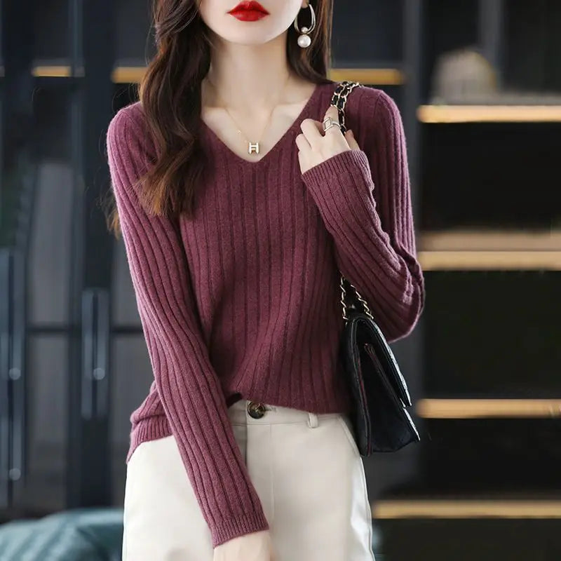 Women Sweater Long Sleeve Top Knitted Pullover V-Neck Fashion Sweater Woman Winter 2022 Basic Female Clothing Soild OL Sweaters Cable Knit Chunky