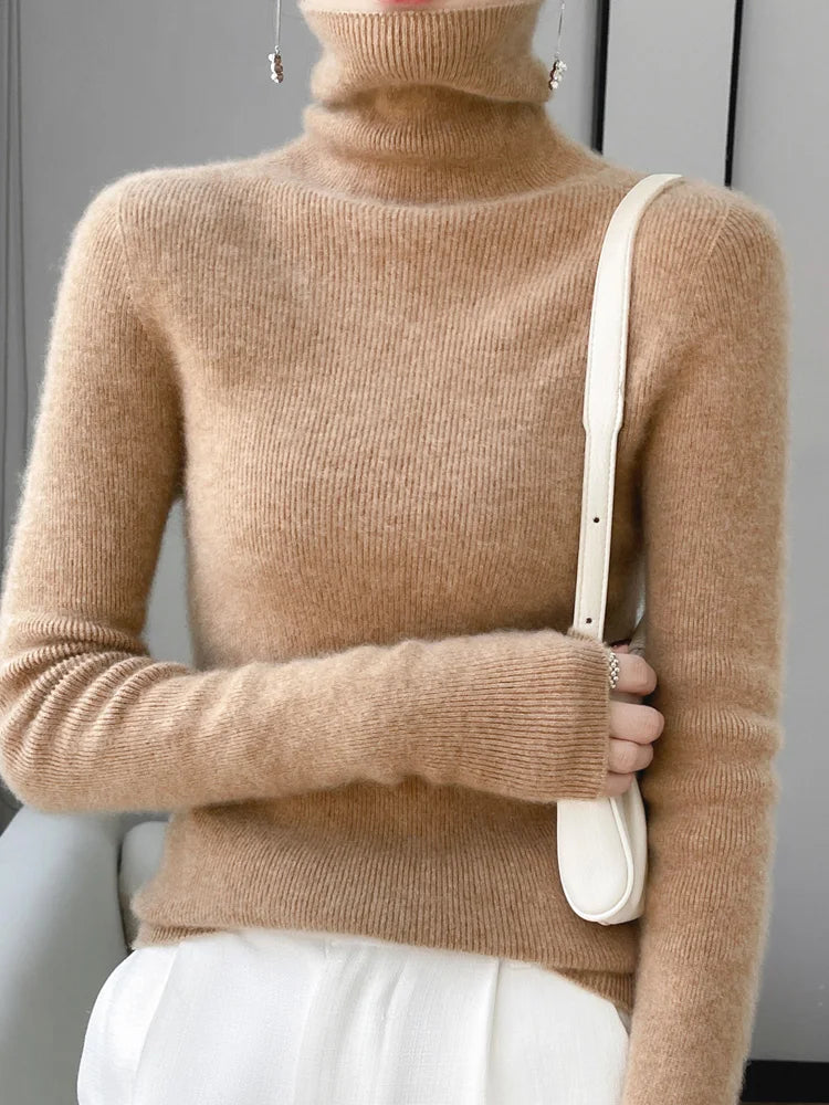 Women Turtleneck Sweater Autumn Winter Slim Basic Bottoming Pullover 100% Merino Wool Soft Kniwear Korean Popular Clothes Tops Flare Sleeve Stylish Women Turtleneck Sweater Autumn Winter Slim Basic Bottoming Pullover 100% Merino Wool Soft Kniwear Korean Popular Clothes Tops Flare Sleeve Stylish