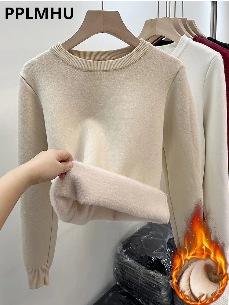 Women's O-neck Plus Velvet Thicken Sweaters Winter Slim Warm Long Sleeve Knitted Tops Casual Plush Fleece Lined Soft Pullover Textured Knit Design Women's O-neck Plus Velvet Thicken Sweaters Winter Slim Warm Long Sleeve Knitted Tops Casual Plush Fleece Lined Soft Pullover Textured Knit Design